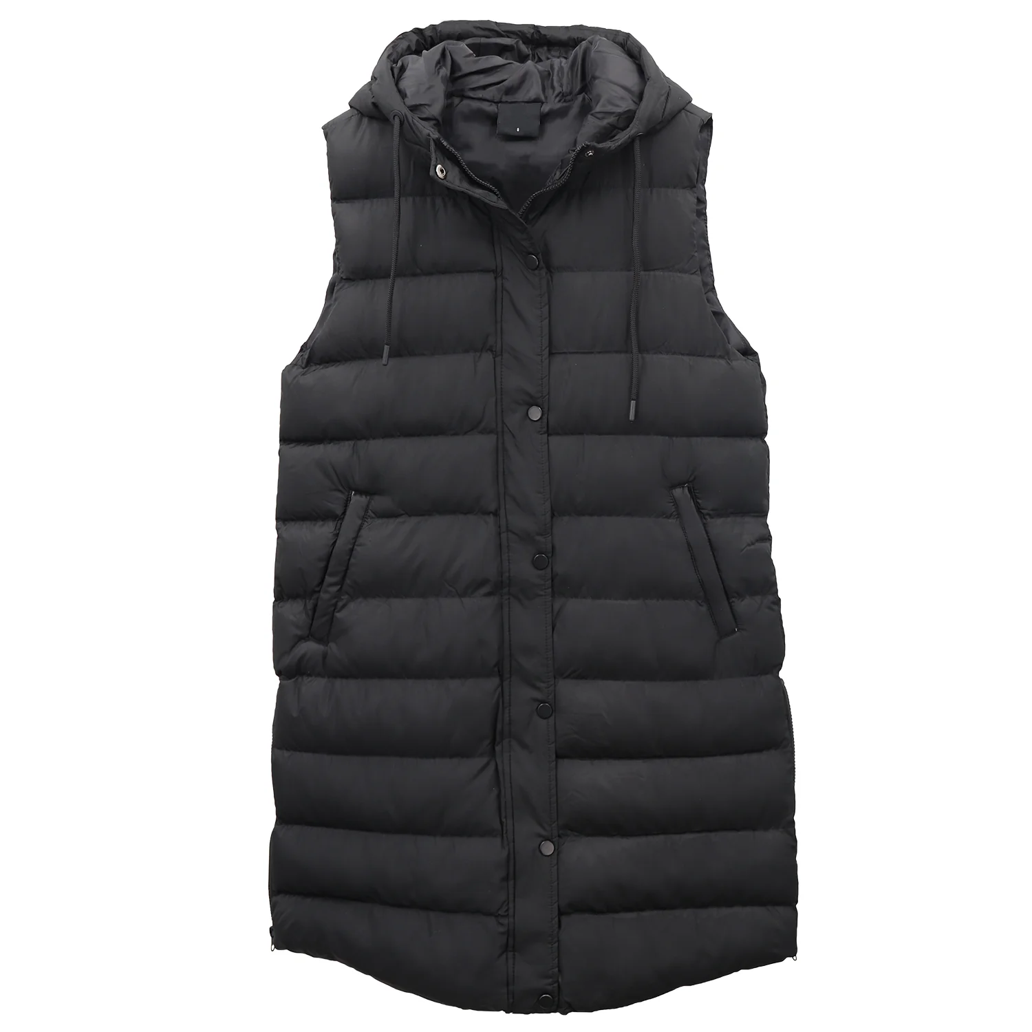 Women's Longline Padded Vest Hooded Jacket Puffer Puffy Quilted Zip Coat Gilet - Black